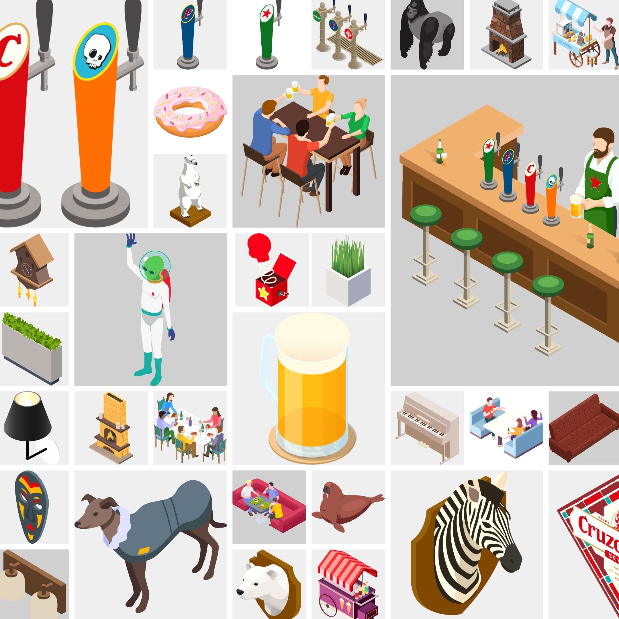 Preview of various assets within Dream Pub Studio