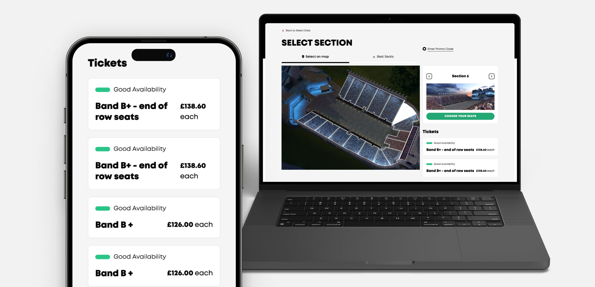 Edinburgh Military tattoo booking flow shown on mobile device and laptop