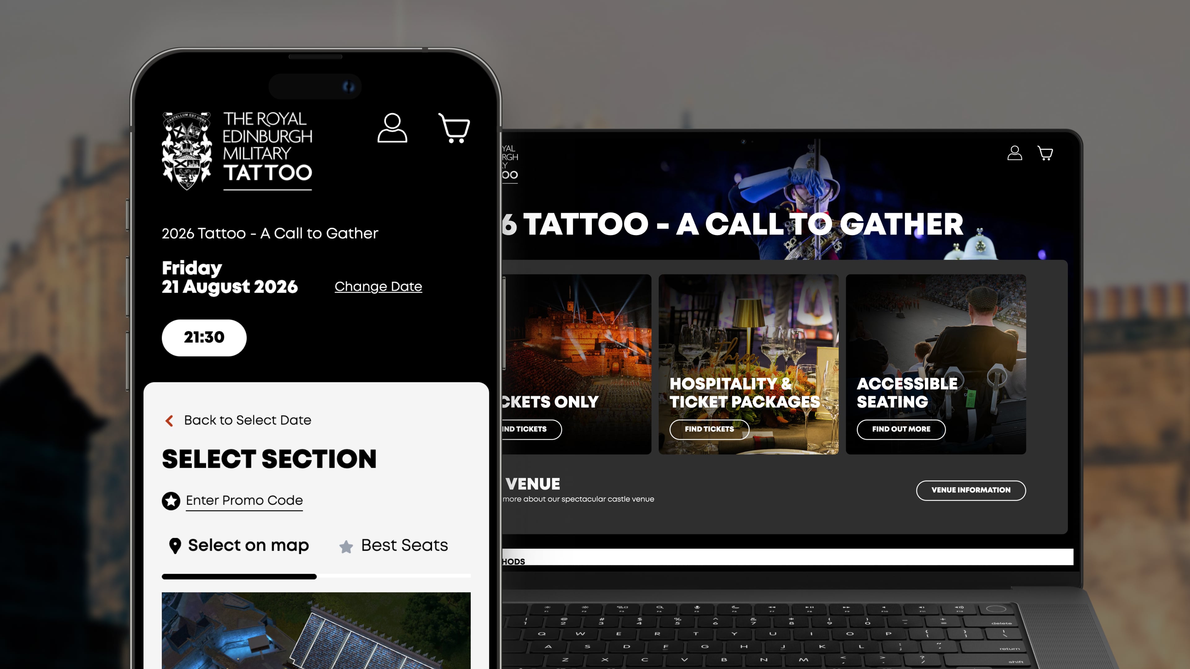 Edinburgh Military tattoo booking flow shown on mobile device and laptop