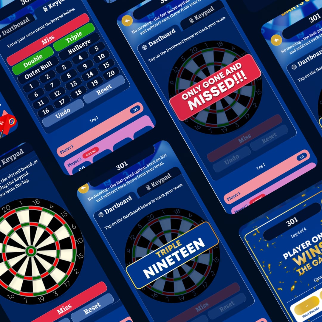 Various screens showing Good Call Darts Club designs