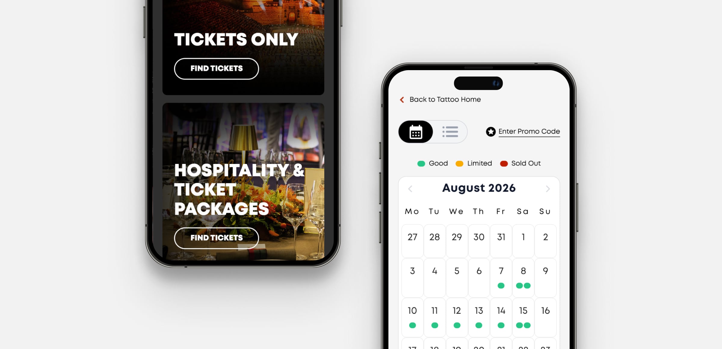 Edinburgh Military tattoo booking flow shown on mobile devices