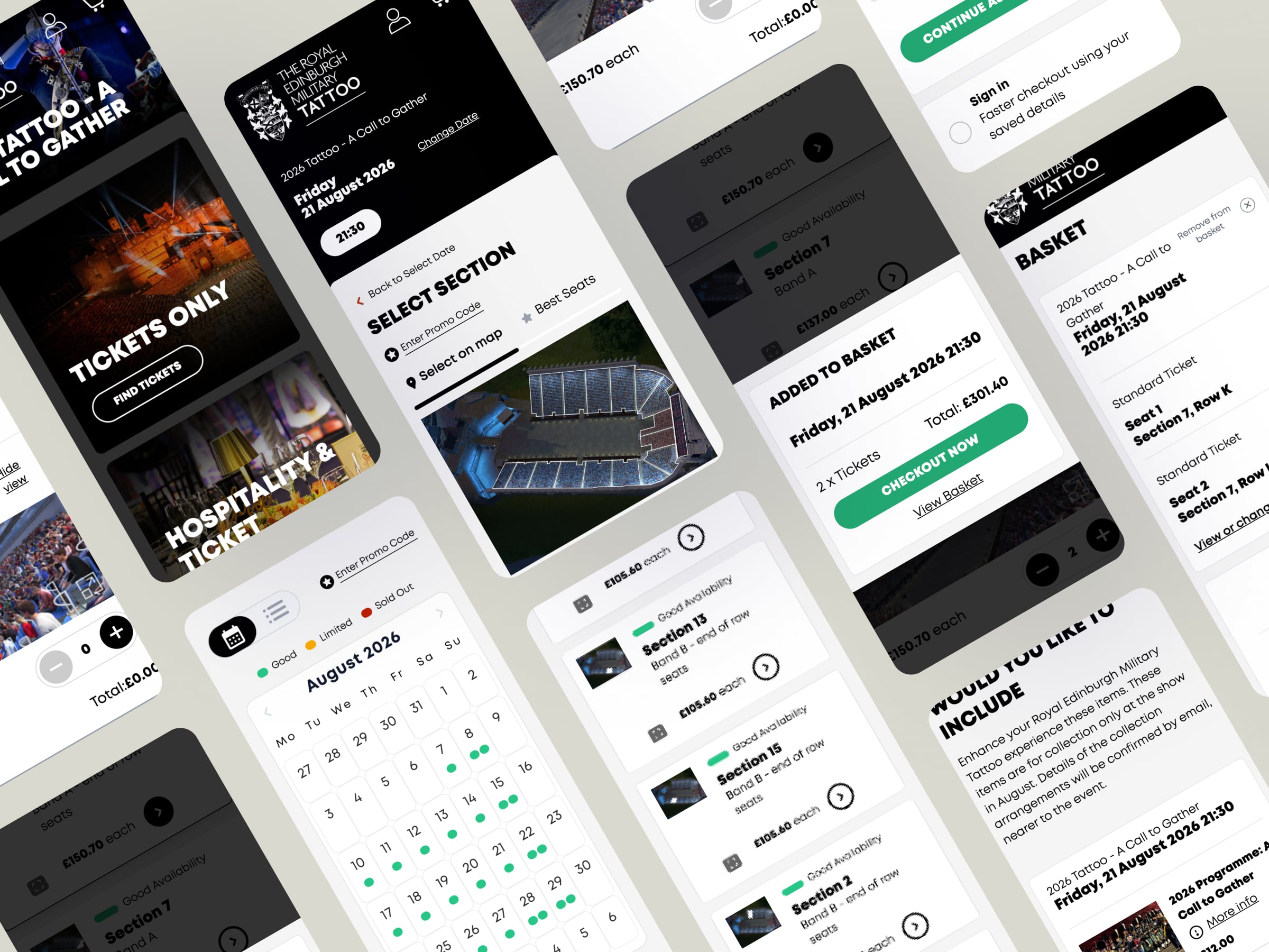 Edinburgh Military tattoo booking flow shown on mobile devices