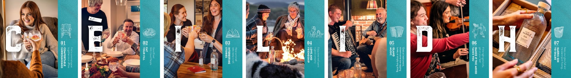 People enjoying Isle of Harris gin in various locations