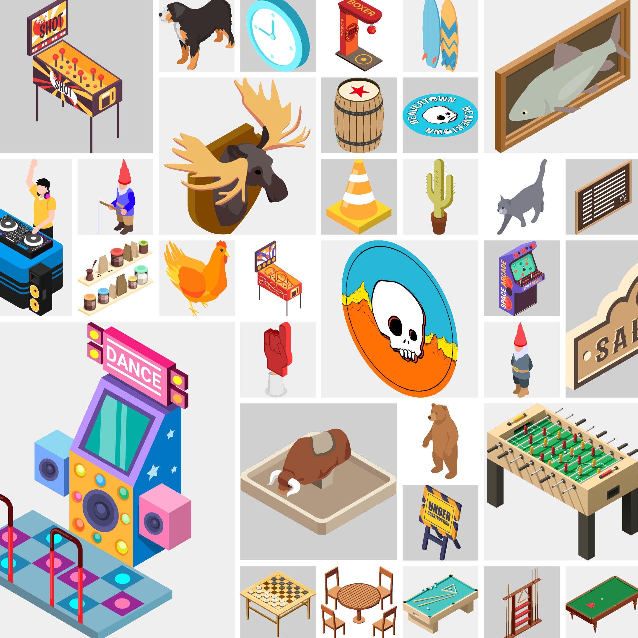 Preview of various assets within Dream Pub Studio