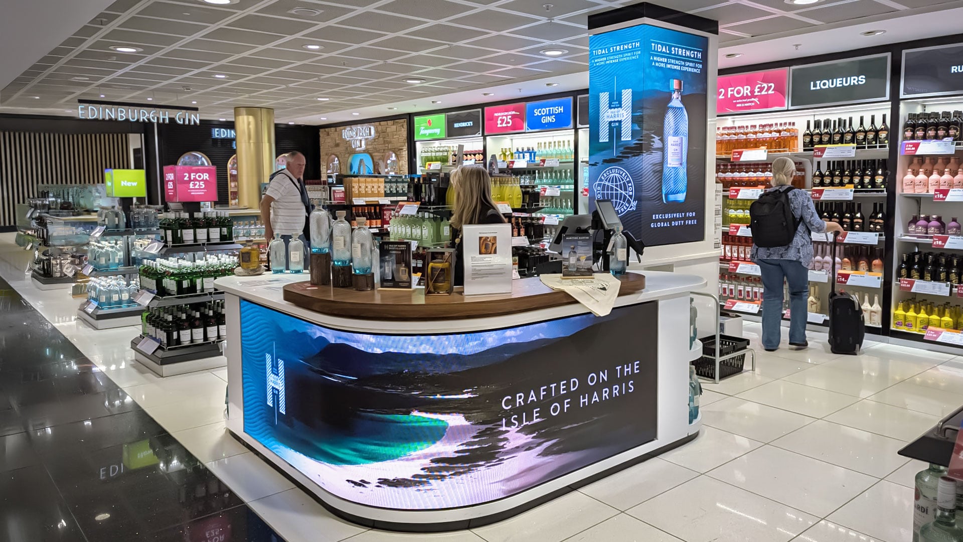 Duty free counter showing Isle of Harris branding